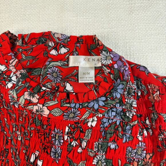 Kenar Red Holiday Floral Sleeveless Smocked Blouse Women’s Size M Christmas Top - Picture 3 of 8